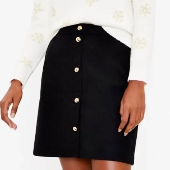 LOFT Mini-Skirt Women's Size 10 Black A-Line Wool Gold Button Pockets NWT - Picture 1 of 9